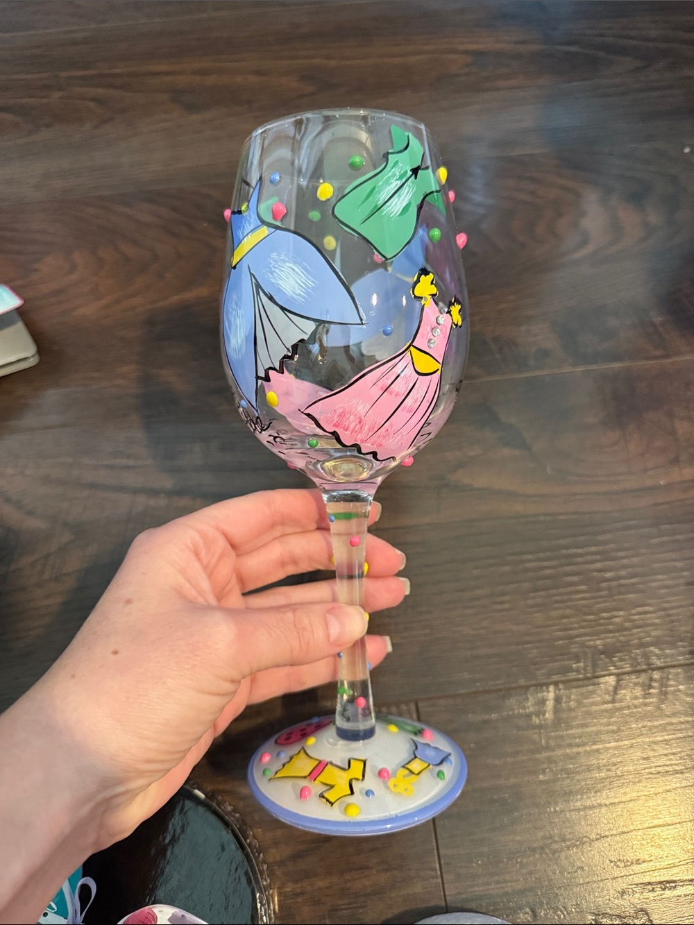 Delish hand painted wine glass